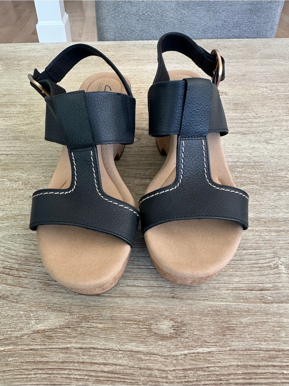 Clarks Collection Black Sandal Cork Wedges Giselle Style Size 10 - Picture 2 of 7